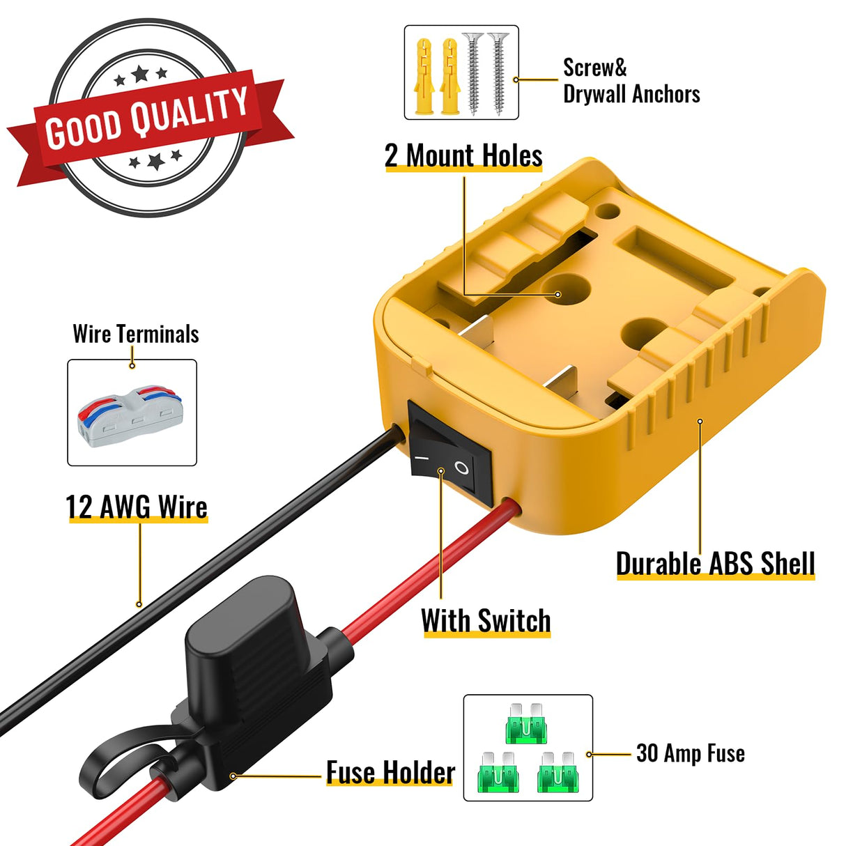 2 Packs Power Wheel Adapter Compatible with Dewalt 20V Battery, Converter Kit with Switch & Fuse & Wire Terminals & 12 AWG Wire for DIY RC Car Toys Robotics
