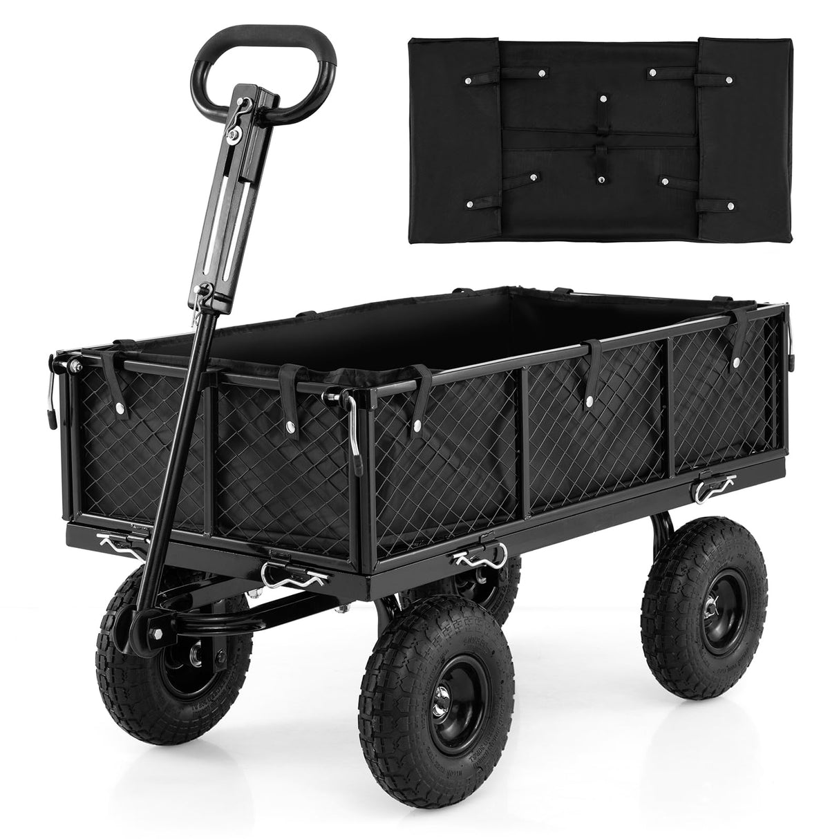 Goplus 880lbs Heavy Duty Garden Cart, Metal Utility Wagon Cart with Removable Oxford Cloth Liner & Mesh Sides, 10" Pneumatic Tires, 180° Rotating Handle for Yard, Lawn
