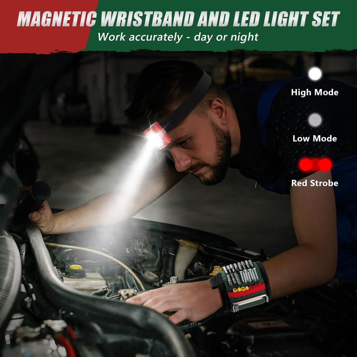 UUP Magnetic Wrist band with LED Light, Magnet Tool Belt Wrist Band for Screw and Nail, Adjustable Wrist Tool Holder, Father‘s Day Gifts for Men, Dad, Him, Mechanic, Woodworker, Handyman