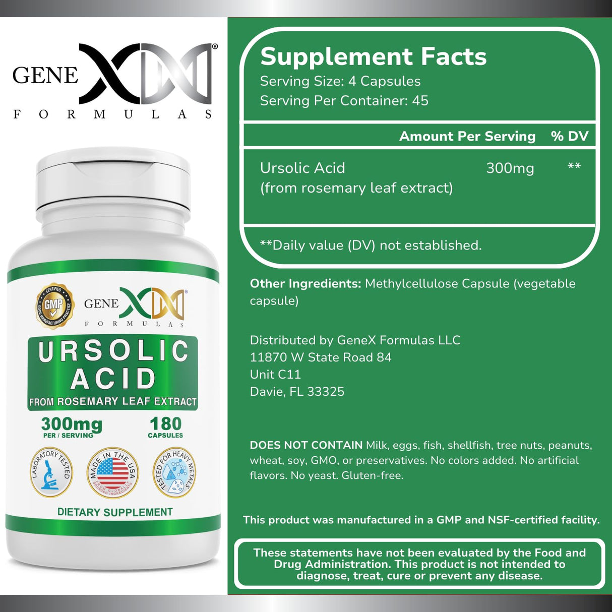 Genex Formulas Ursolic Acid 300mg (180 Capsules) Ursolic Acid Sourced from Rosemary Extract - Non-GMO, Gluten Free, Vegetarian