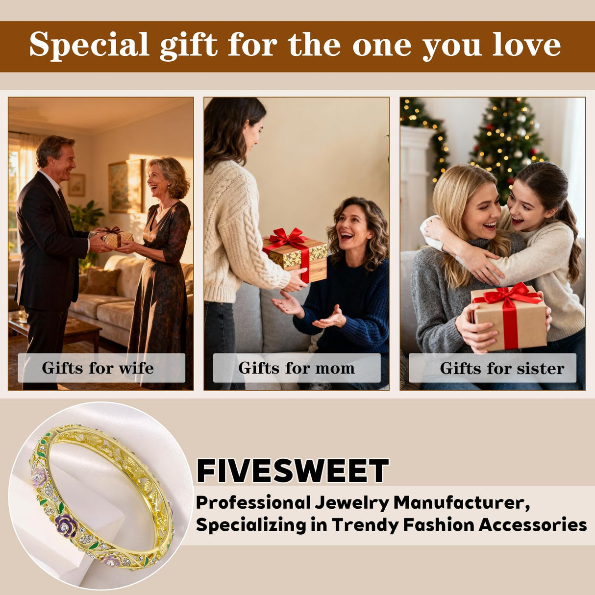 FIVESWEET Trendy 18K Gold Plated Bangle Bracelets Set for Women, Enamel Craft Jewelry-Floral Element , Retro Fashion Palace Style, Zinc Alloy with Rhinestones, 2.4Inch Diameter Fits Most Adults, Perfect Jewelry Gift Idea for Her, Girlfriend, Wife, Mom, Si