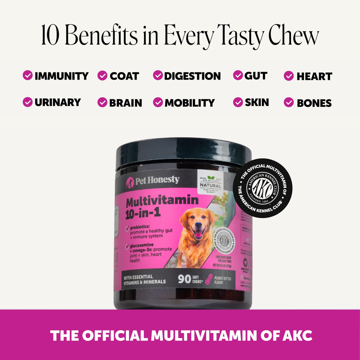 Pet Honesty Vet Recommended 10-in-1 Dog Multivitamin, 90 Ct, Peanut Butter