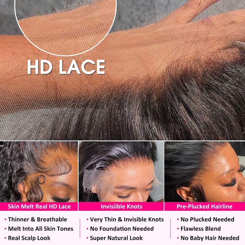 GCTGCT 32 Inch 13x6 Deep Wave Lace Front Wigs Human Hair Pre Plucked 13x6 HD Transparent Lace Frontal Wigs for Women Deep Curly Human Hair Lace Front Wigs with Baby Hair 180% Density Natural Black 