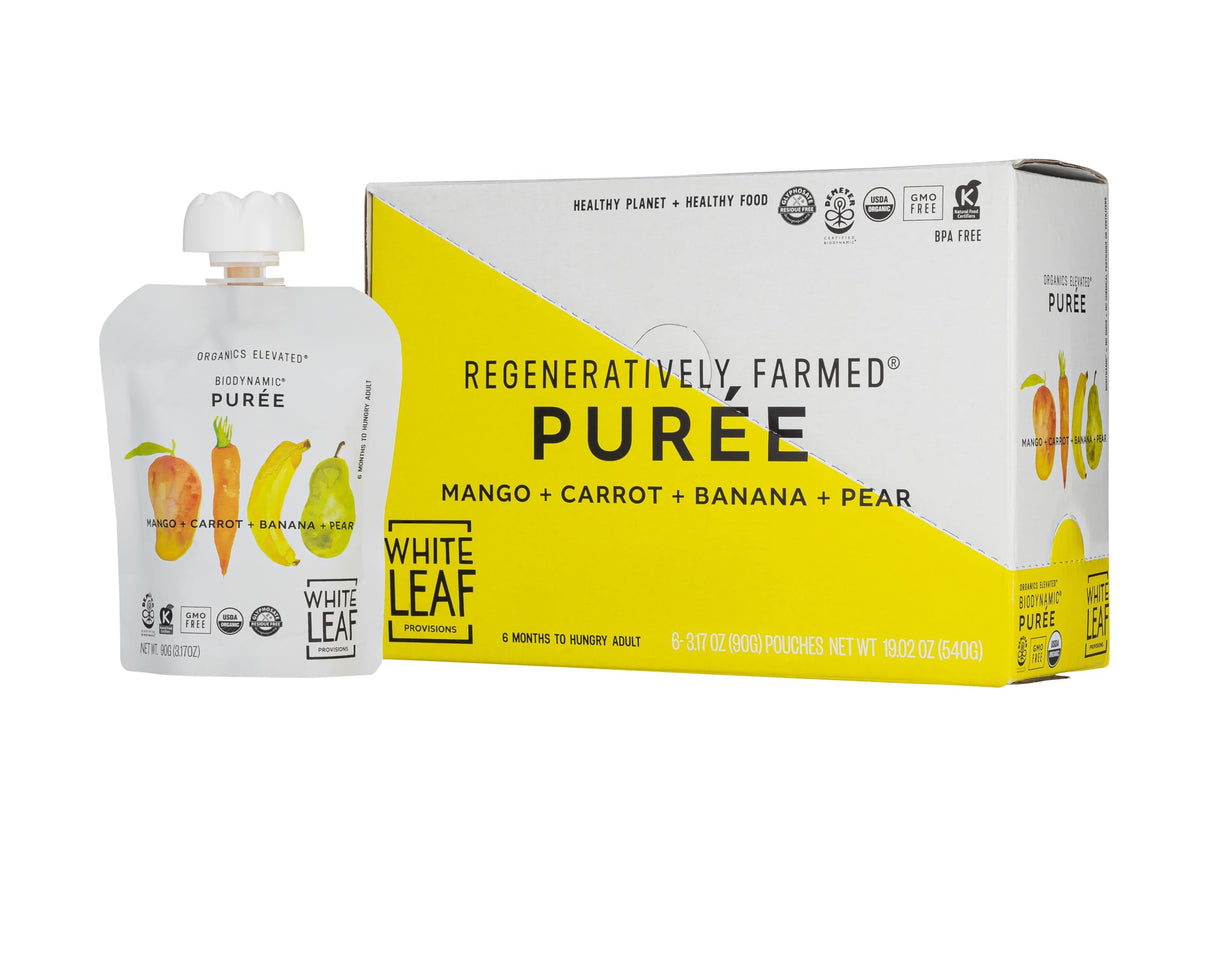 White Leaf Provisions Organic Purees / Baby Food Pouches - Fruits, Veggies & Grains, Toddler snack, Regeneratively Farmed, No Added Sugar, Non-GMO, BPA-Free Pouches 3.17 oz (Pack of 24, Mango + Carrot + Banana + Pear)