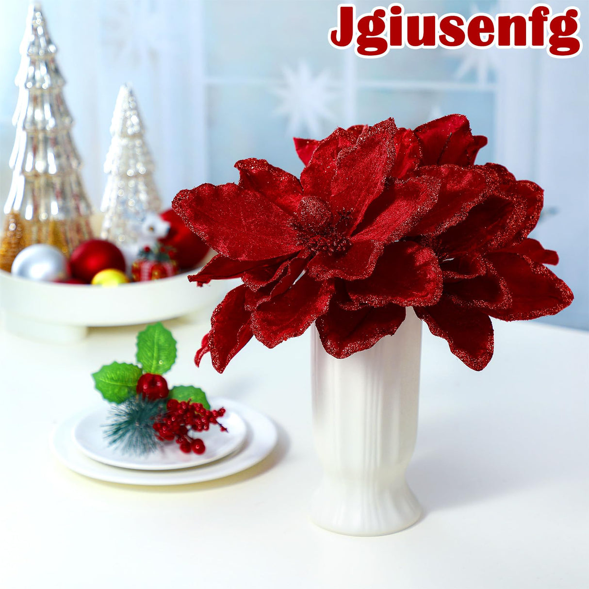 Thiccywoov 8 Pcs Large Christmas Flower Magnolia Flowers Christmas Tree Decoration Artificial Poinsettia Stems Velvet Xmas Ornaments for Xmas Tree Table Decor(Burgundy,12 Inch)