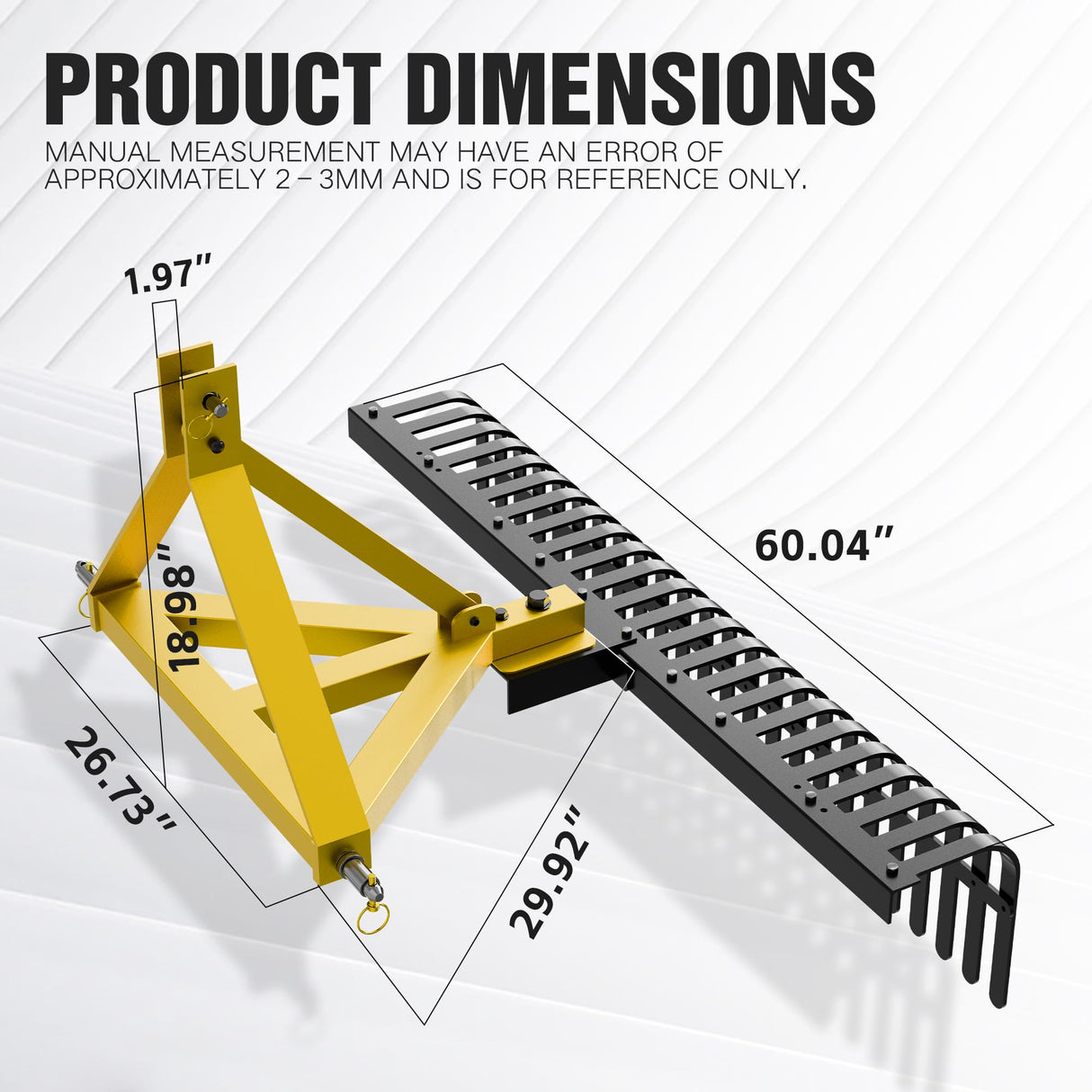 YZONA 60" 3 Point Rock Rake for Tractors, Heavy-Duty Landscape Rake with 360° Rotation, Category 1 Hitch Attachment, Tow-Behind Pine Straw Harrow for Garden, Lawn Care, Farm, Black & Yellow