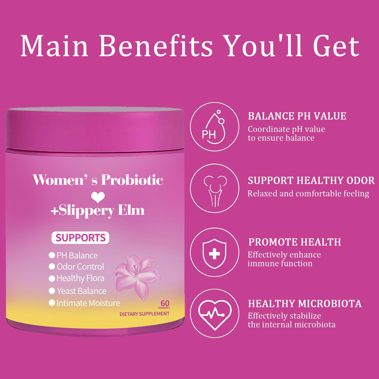 MILIZHIWU Feminine Probiotics Gummies for Women - Supports PH Balance, Gut Health & Immune System with Slippery Elm, Prebiotics & Lactobacillus Blend, Pineapple Flavor, 60 Gummies