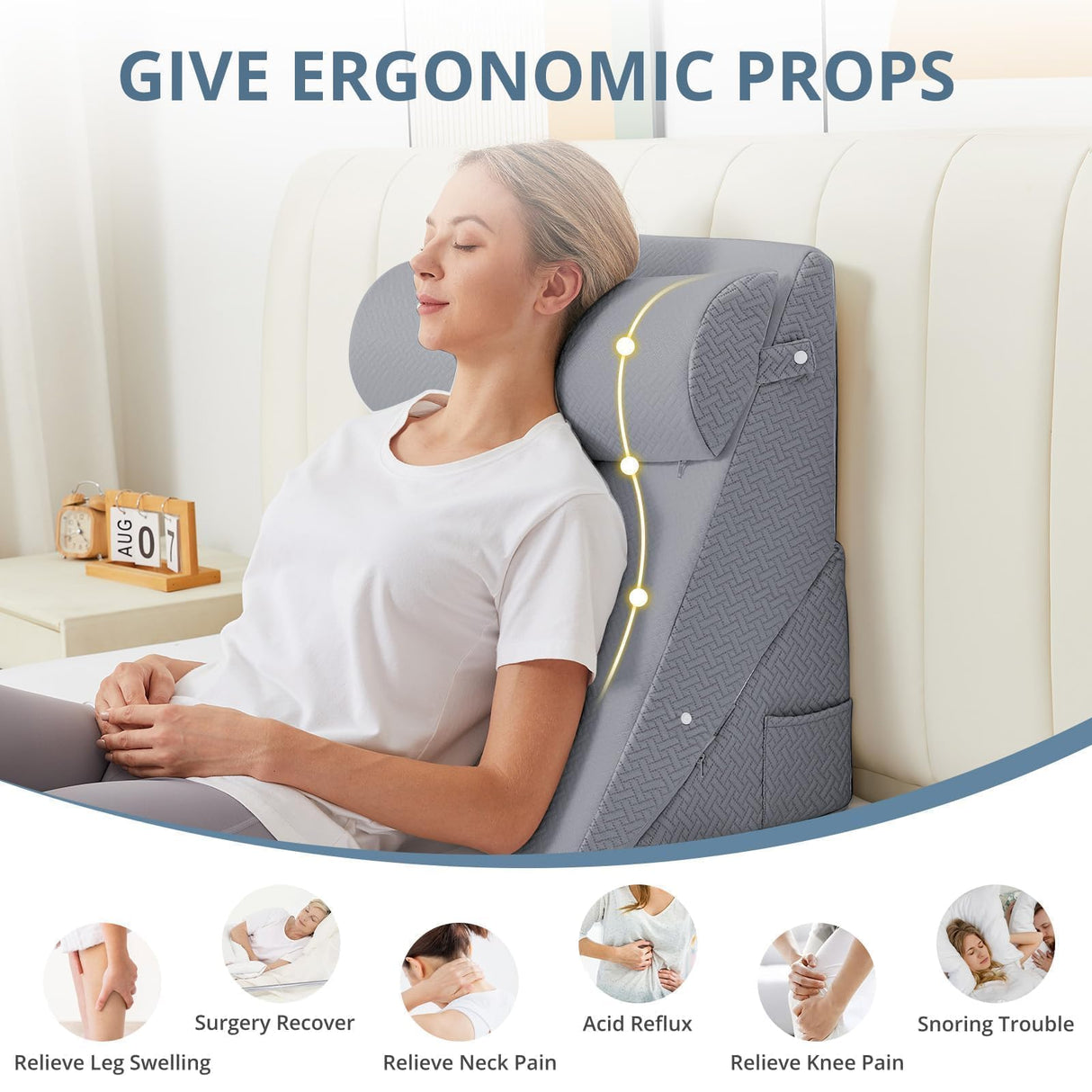 Sasttie Wedge Pillow for Headboard, Adjustable Bed Wedge Pillow Set with Orthopedic Memory Foam Neck Cushion – for Acid Reflux, Neck & Back Support, and Post-Surgery Recovery, Dark Grey