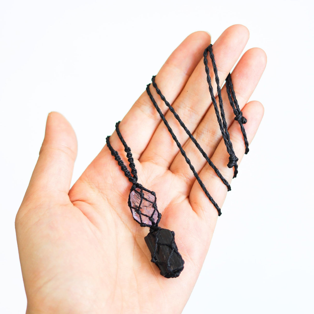 Handmade Raw Black Tourmaline & Amethyst Necklace – Macramé Crystal Pendant for Spiritual Balance, Grounding & Everyday Energy Gift for Men, Women