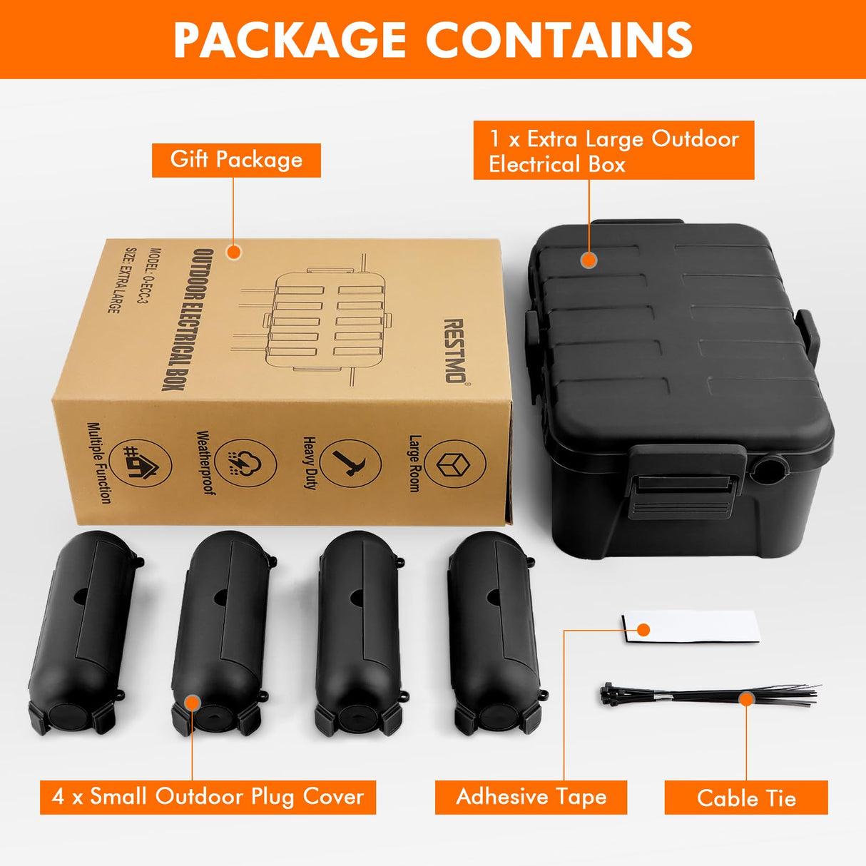 RESTMO IP54 Extra Large Outdoor Box w/ 6 Cable Seal Entry, Bundle w/ 4 Small Weatherproof Extension Cord Safety Cover, Protect Power Strip, Timer Outlet Plug, Christmas Decoration, Black.