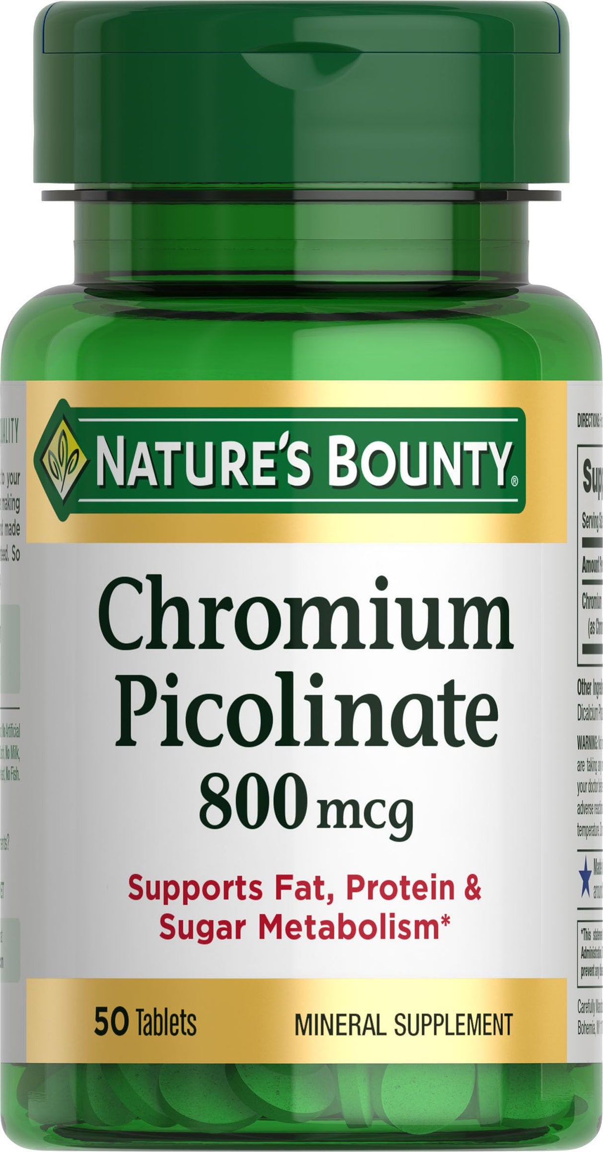 Nature's Bounty Chromium Picolinate, Supports Fat, Protein & Sugar Metabolism, Mineral Supplement, 800 mcg, 50 Tablets