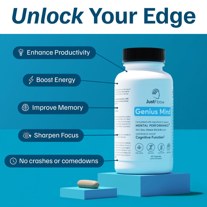 JustFloow Genius Mind® Nootropic Brain Supplement, Support Cognitive Function, Energy Levels, Focus & Memory Function - 17 Brain Boosting Ingredients Including Lions Mane, Bacopa, Ginkgo & Vitamin B12