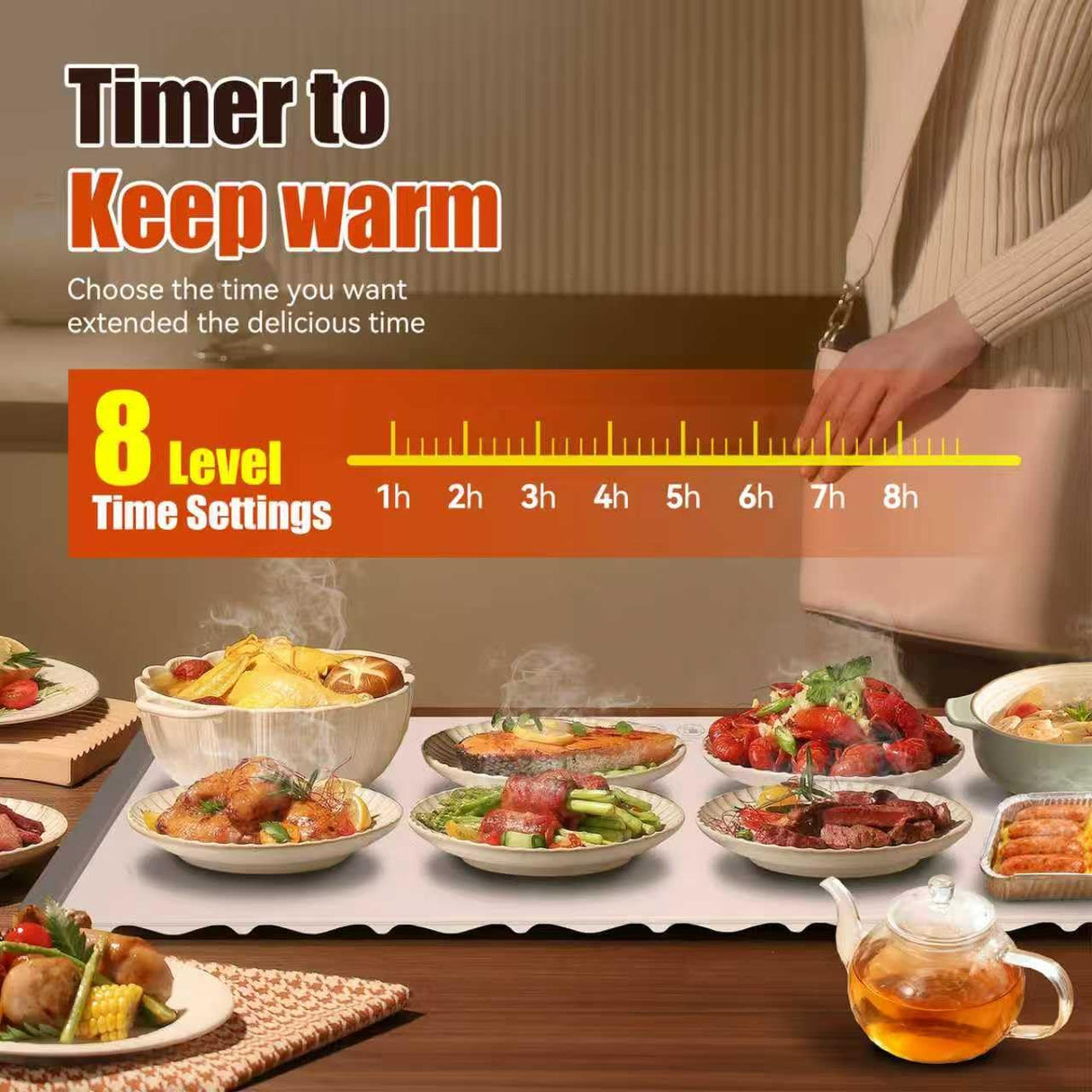 Warming Mat for Food Extra Large 35.4”x13.4” 7 Temperature Settings Silicone Food Warming Mat Roll up Food Warmer with Full Surface Heating Warming Pad Electric Warming Tray for Buffets Party Home