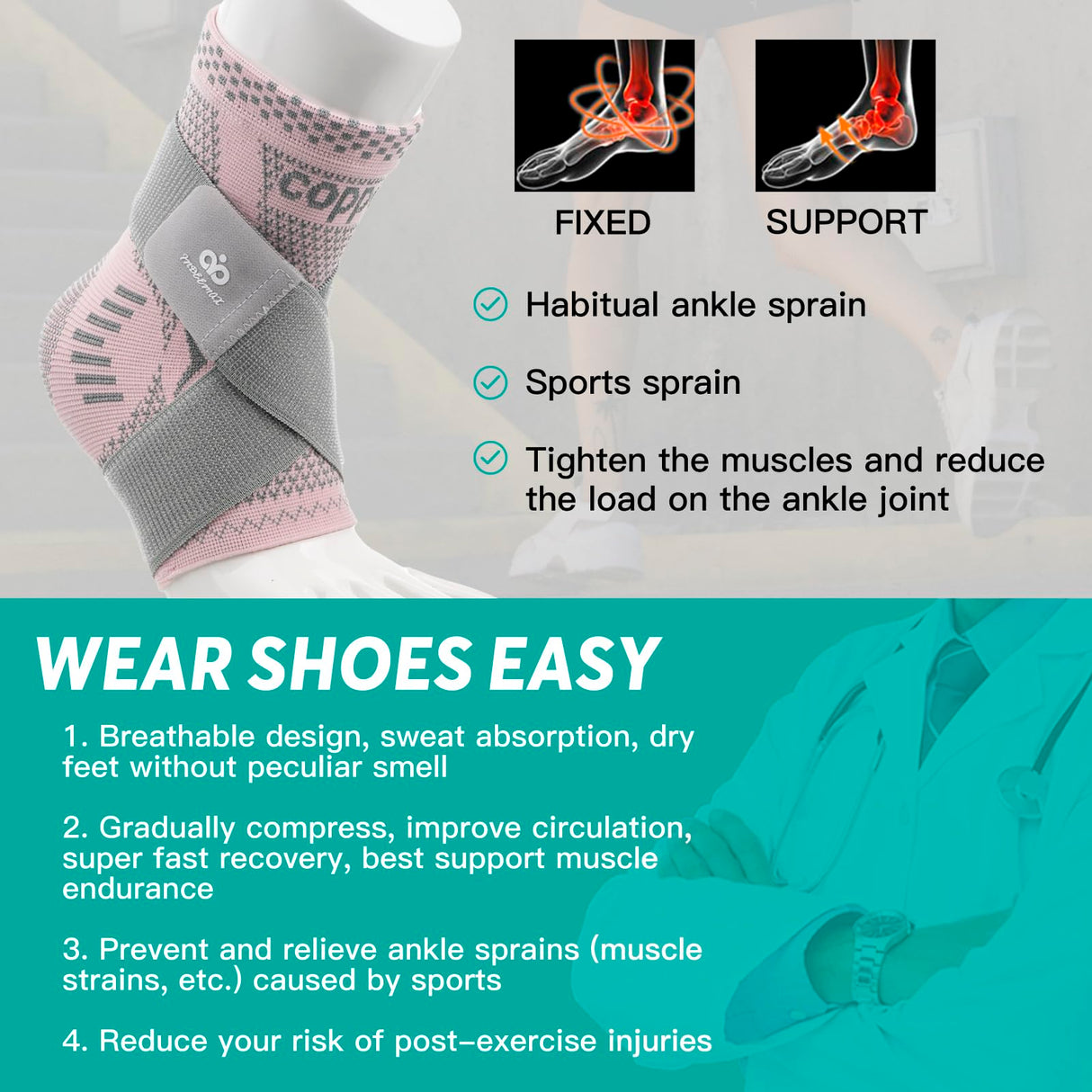 INDEEMAX Ankle Brace for Sprained Ankle Compression Sleeve, 2 Pack Copper Infused Ankle Support Brace for Women & Men, Plantar Fasciitis Relief Achilles Tendonitis, Sports Running, Pink Silver, L