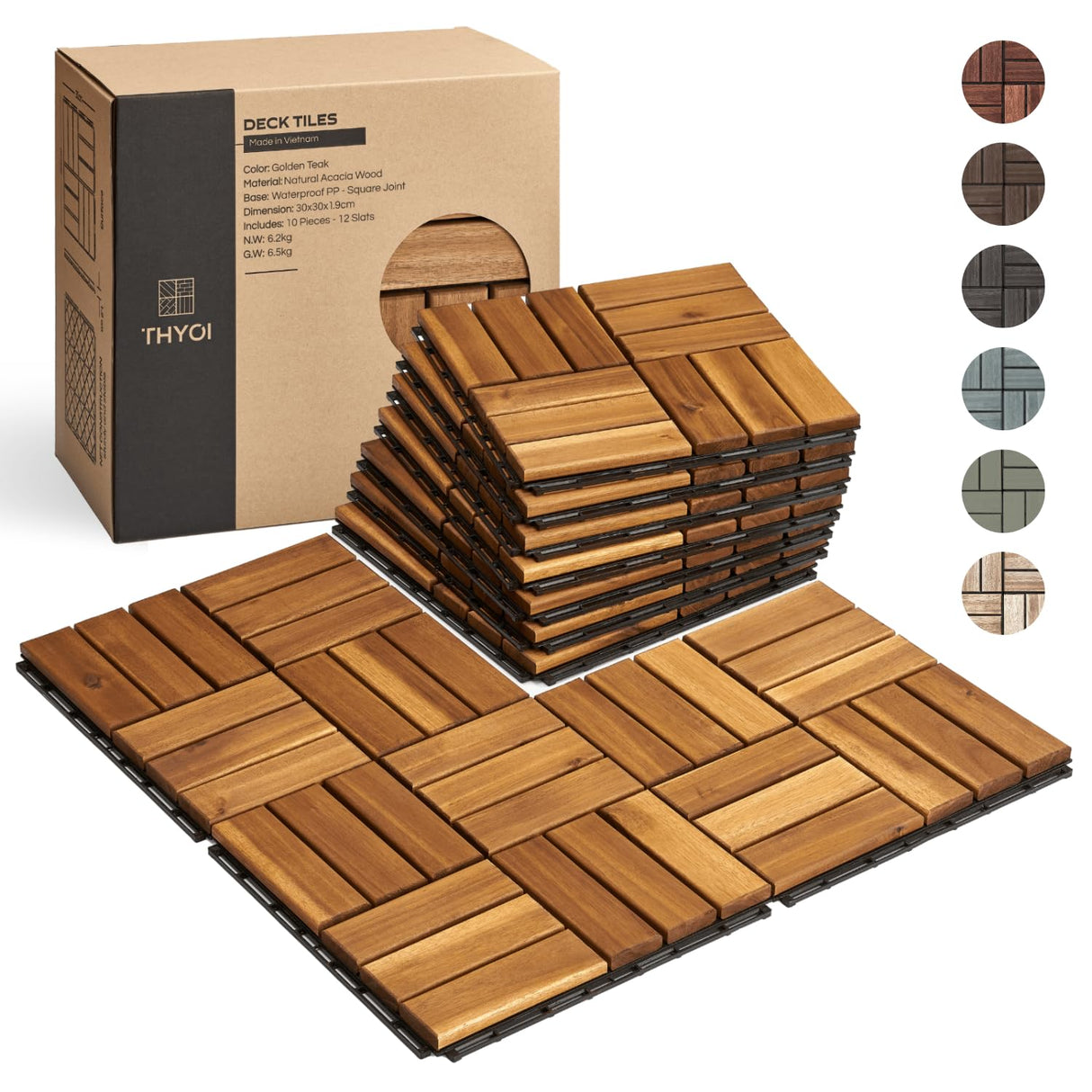 THYOI Premium Deck Tiles, Patio Flooring - Set 10 Pcs 12βx12βx0.9β Interlocking Deck Tiles, Waterproof Acacia Wood for Balcony, Backyard, Indoor & Outdoor (Golden Teak, Crossed Pattern, Square Joints)