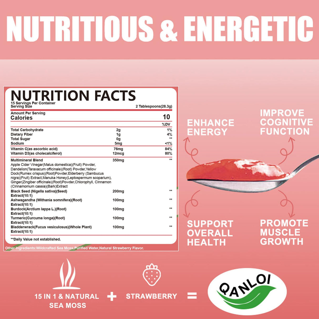 QANLOI 15OZ Strawberry Flavored Sea Moss Gel, 15-in-1 Ingredient, Rich in Ashwagandha, Vitamins and Minerals, Promotes Metabolism & Improves Digestion