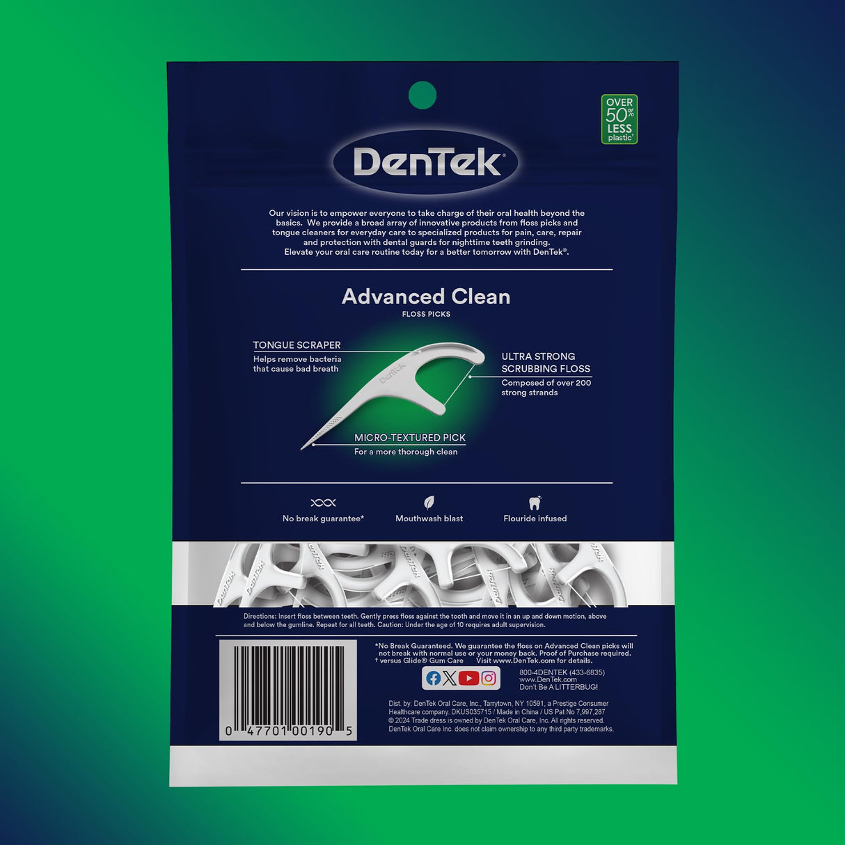 DenTek Triple Clean Advanced Clean Floss Picks, No Break & No Shred Floss, 150 Count, 6 Pack