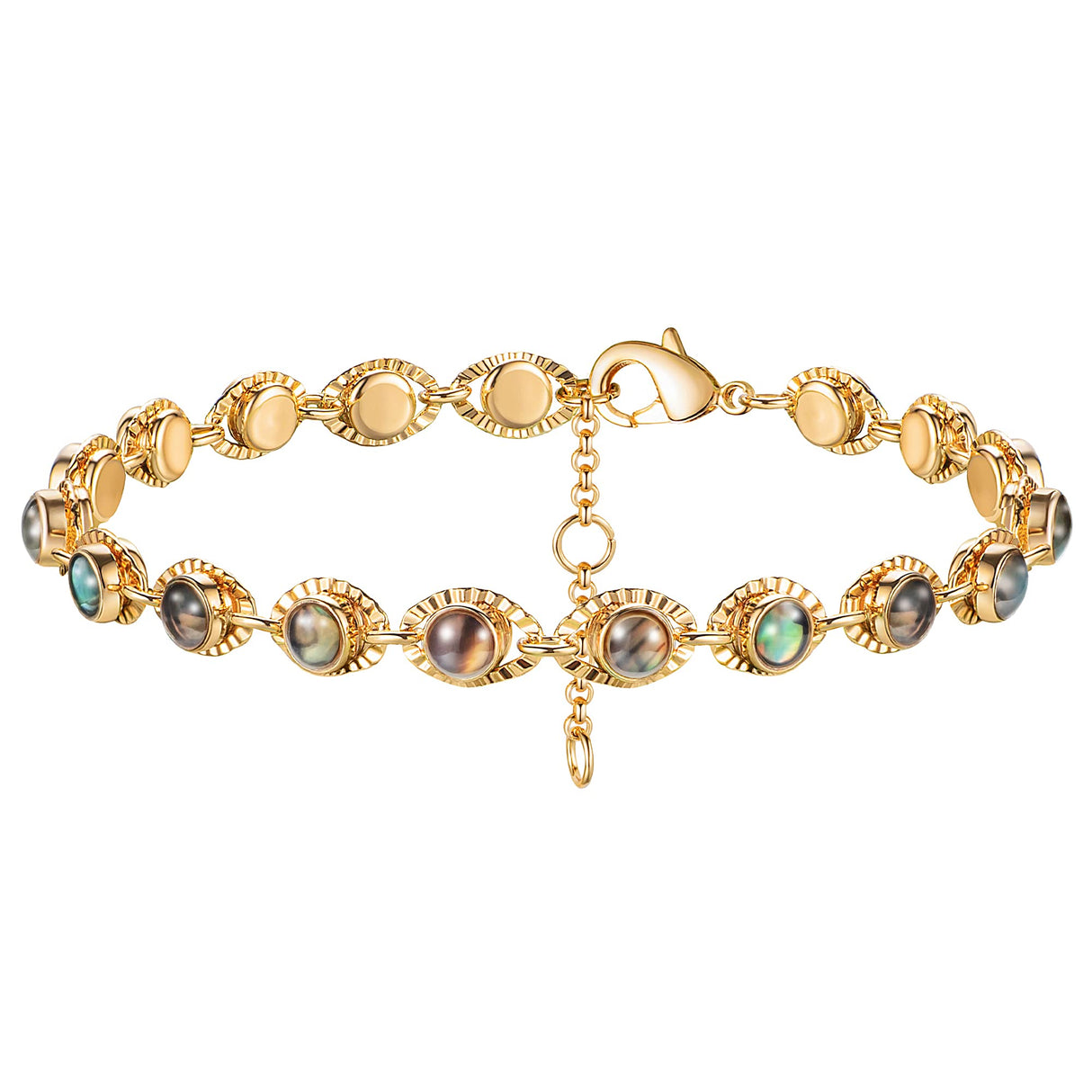 MEVECCO Bracelet for Women Gold Evil Eye Link Round Shell Dianmond-cut 14K Gold Plated Dainty Chain Simple Protection Jewelry