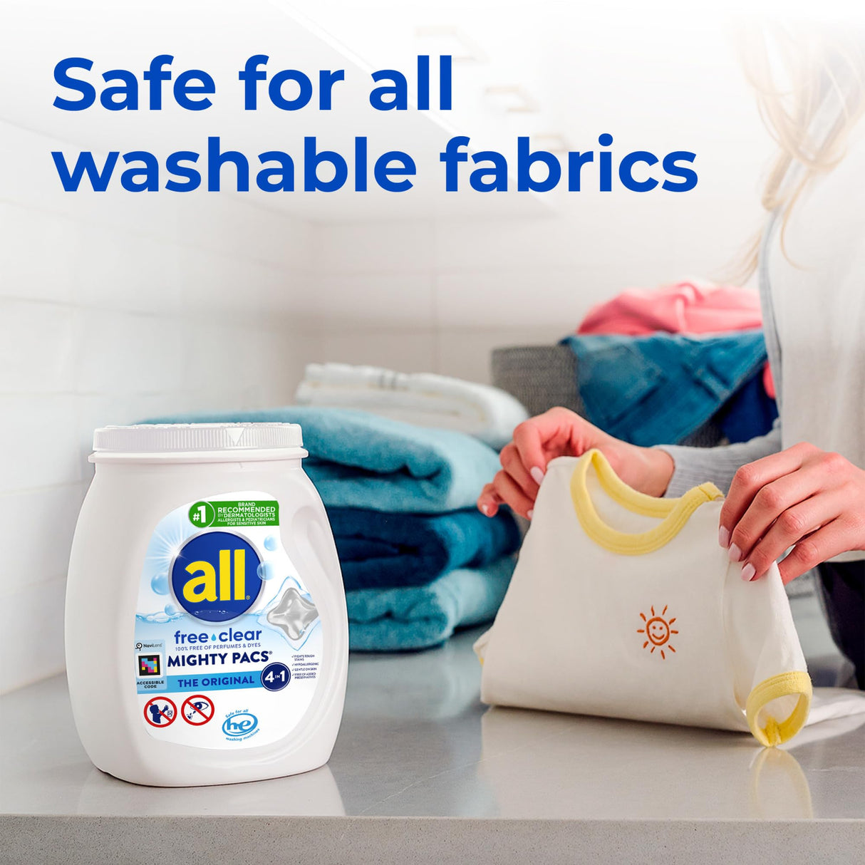 All Mighty Pacs Laundry Detergent, Free Clear for Sensitive Skin, Tub, 60 Count