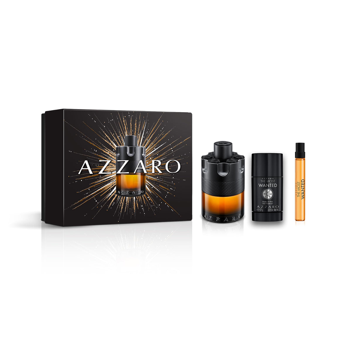 Azzaro The Most Wanted Parfum – Intense Mens Cologne Gift Set – 3-Piece Set Includes Full Size Fragrance (100ml) + Travel Size Spray (10ml) + Deodorant Stick (77g) - Gifts for Men