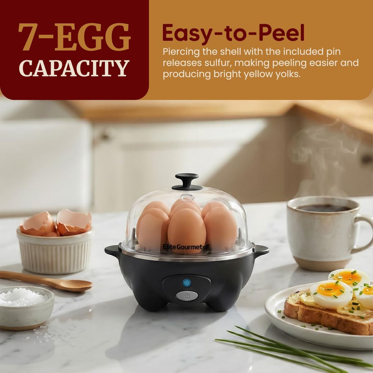Elite Gourmet 7-Egg Rapid Egg Cooker, Poacher/Omelet Maker, Auto Shut-Off