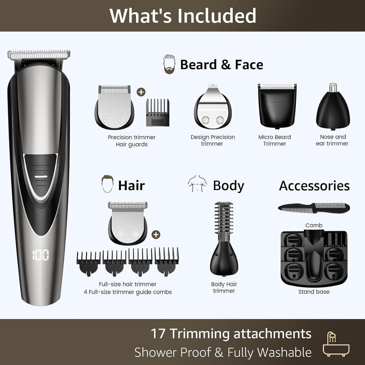 Beard Trimmer for Men, 17-Pc Set Rechargeable Hair Clippers Kit with Safety Lock,Mens Grooming Kit for Hair Beard Body & Nose,Gifts for Men