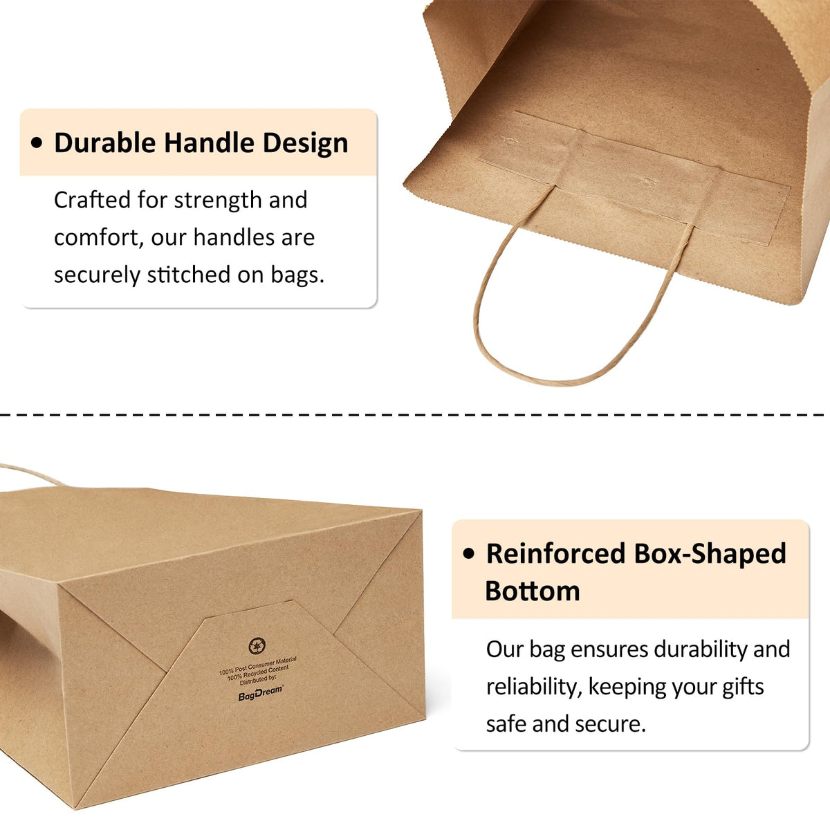 BagDream Kraft Paper Bags with Handles 10x5x13 Inch Brown 50 Pack Bulk