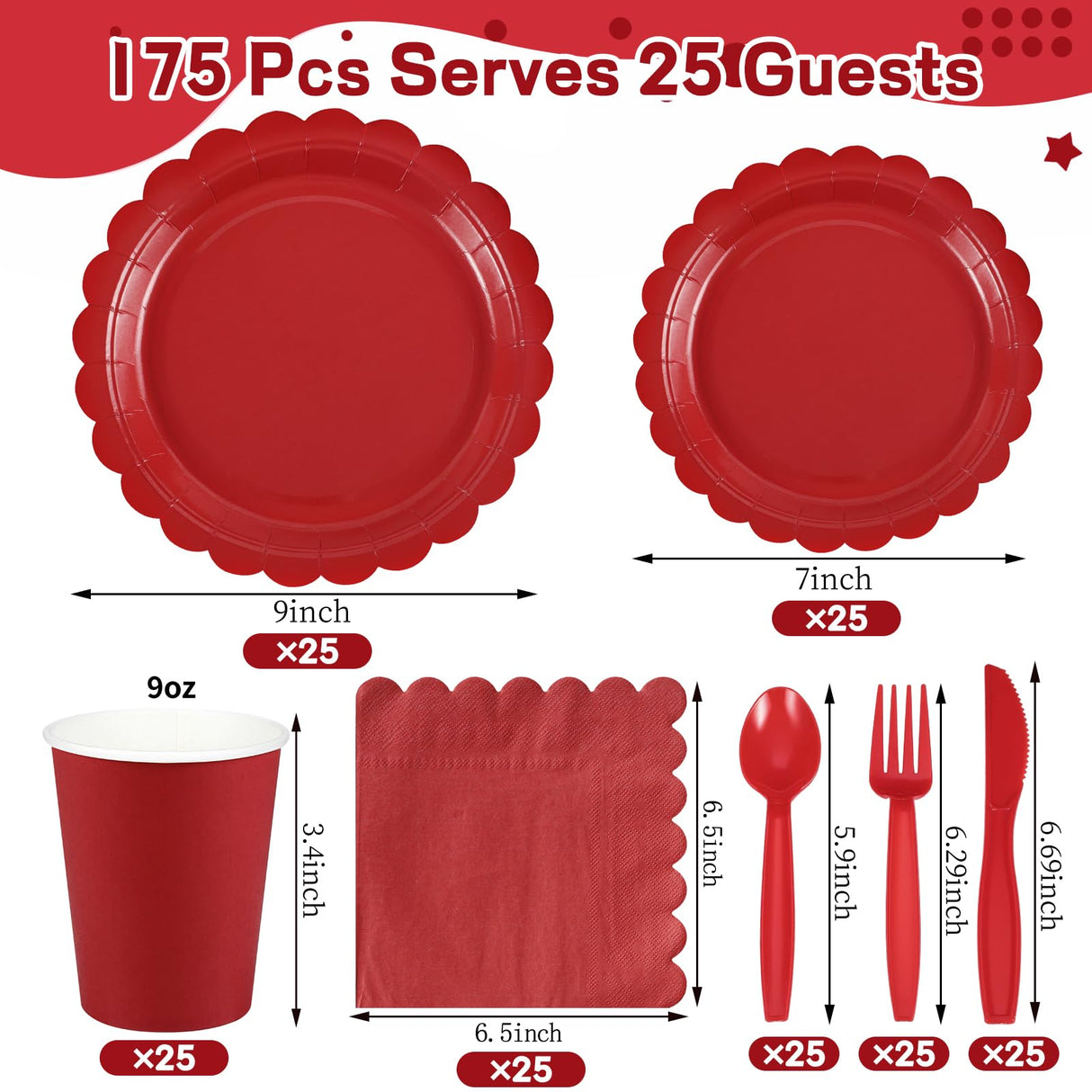 Xiangqu 175 Pcs Red Plates and Napkins, 25 Guest Red Party Supplies Include Christmas Plates and Napkins Cups Plastic Spoons Forks Knives for Birthday, Christmas, Picnic
