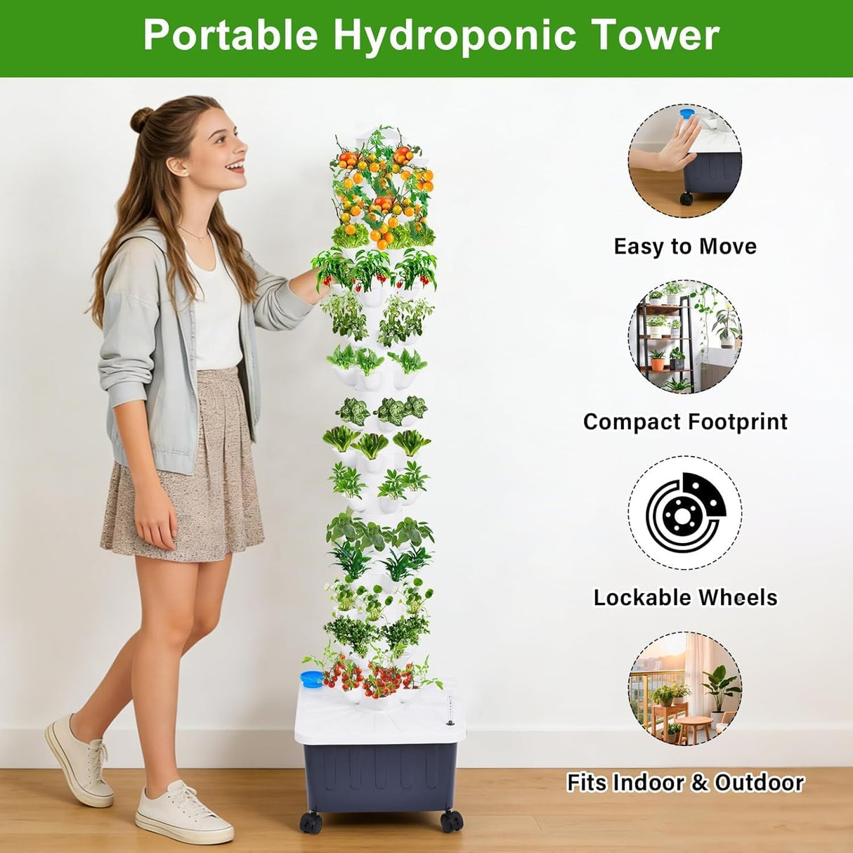 Hydroponic Tower, 14-Layer Hydroponics Growing System Kit with 70 Slots, Vertical Garden System with 20L Water Tank and Pump for Indoor Outdoor Home, Balcony & Patio