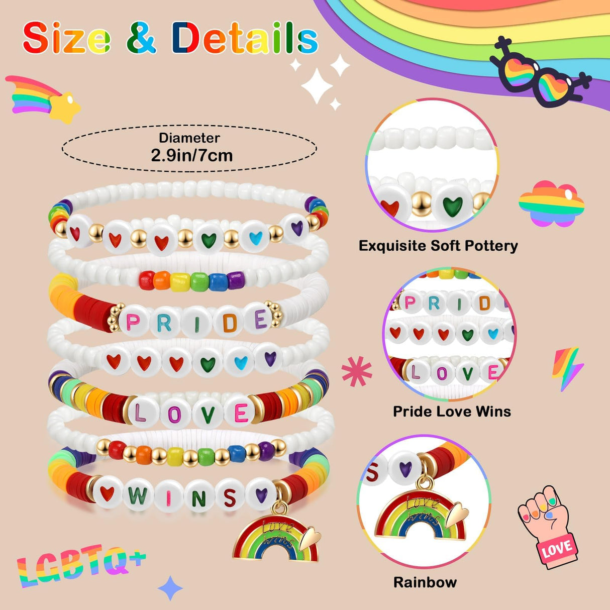 Artlunar LGBT Pride Bracelet for Bisexual Lesbian Gay& Allies Pride Love Wins Rainbow Colorful Beaded Clay Elastic Stackable Stretch Bracelet LGBTQ Celebration Gifts