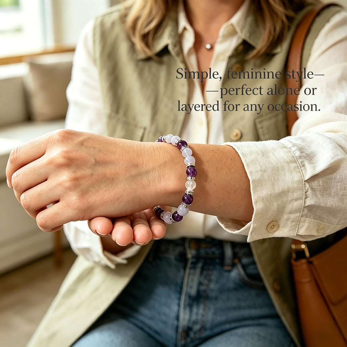 Sereniva Menopause Bracelet for Women - Natural Crystal Elastic Bracelet, Hot Flashes & Anxiety Relief, Calming Balance Bracelet for Menopause's Support, Hormone Balance Jewelry Gift for Her (1)