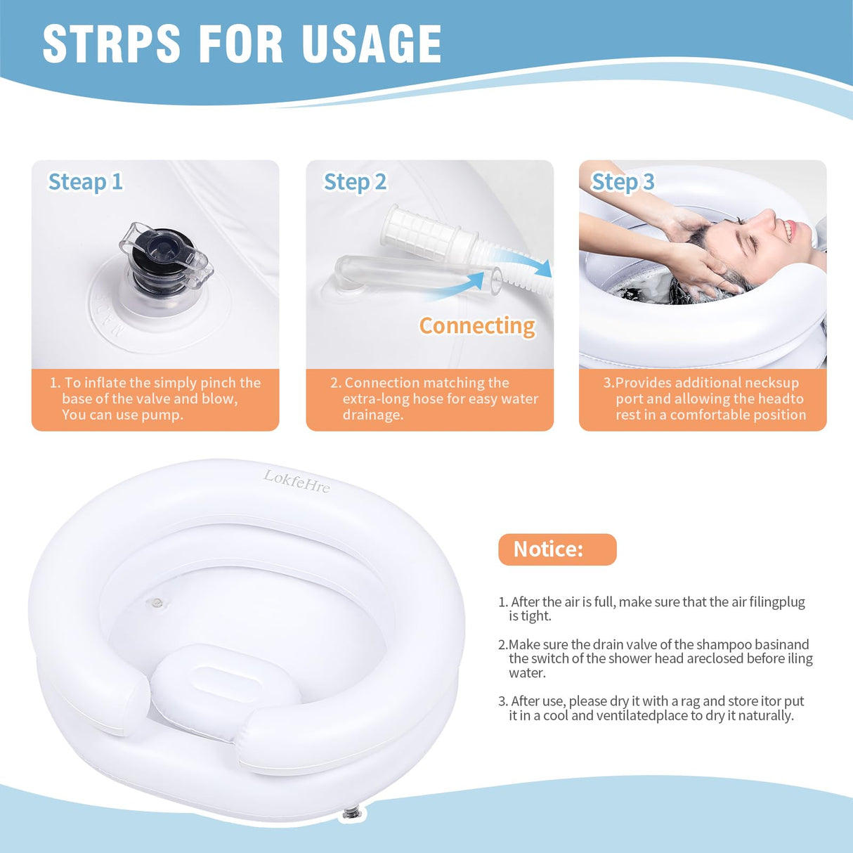 LOKFEHRE Large Portable Inflatable Hair Washing Basin for Bedridden - Wash Hair in Bed with Inflatable Shampoo Bowl.For Elderly,Disabled,Injured,Ideal Inflatable Sink for Locs Detox (Pure white)