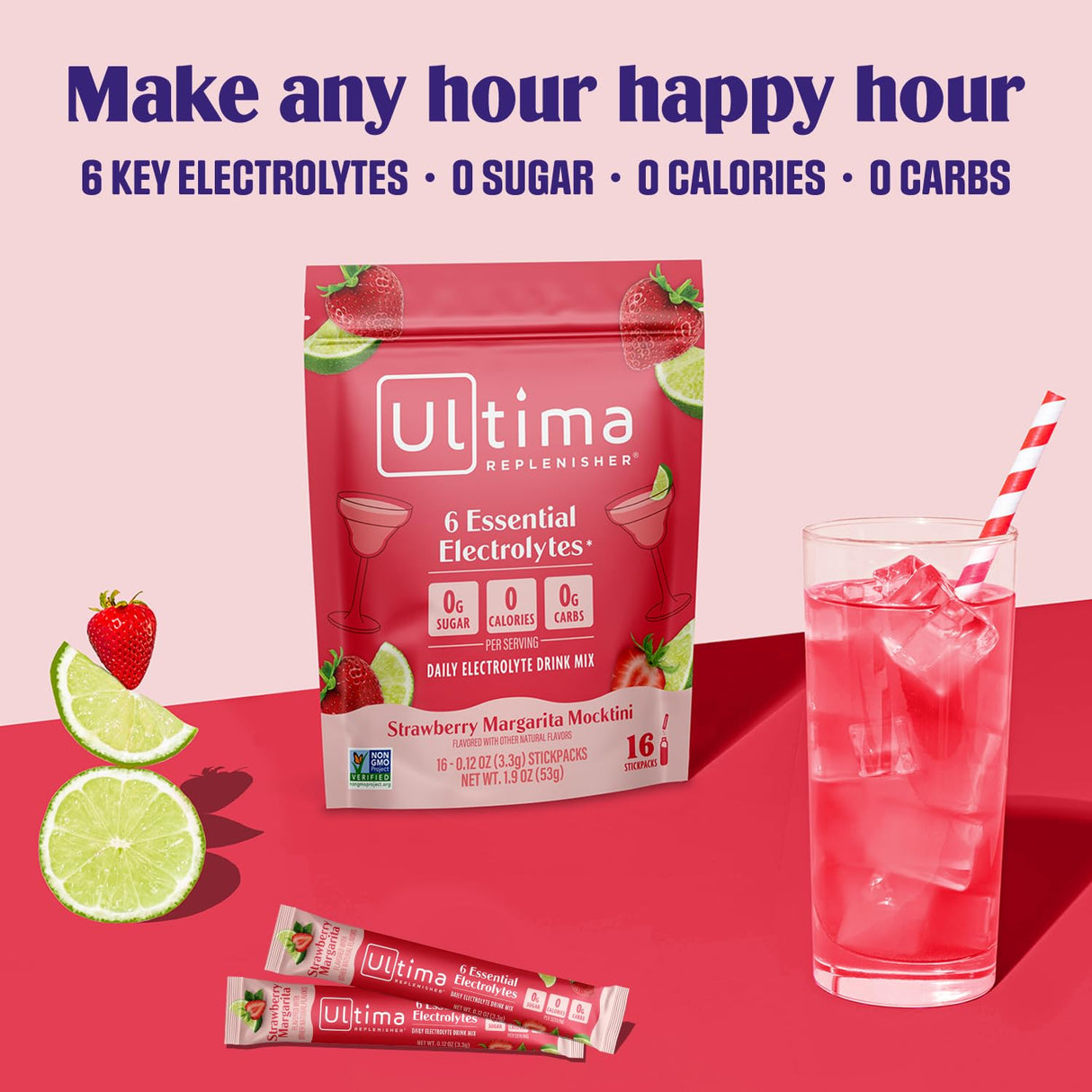 Ultima Replenisher Daily Electrolyte Powder Drink Mix - Sugar Free - Strawberry Margarita, 16 Stickpacks - Hydration Packets with 6 Electrolytes and Trace Minerals - Keto Friendly, Vegan, Non-GMO