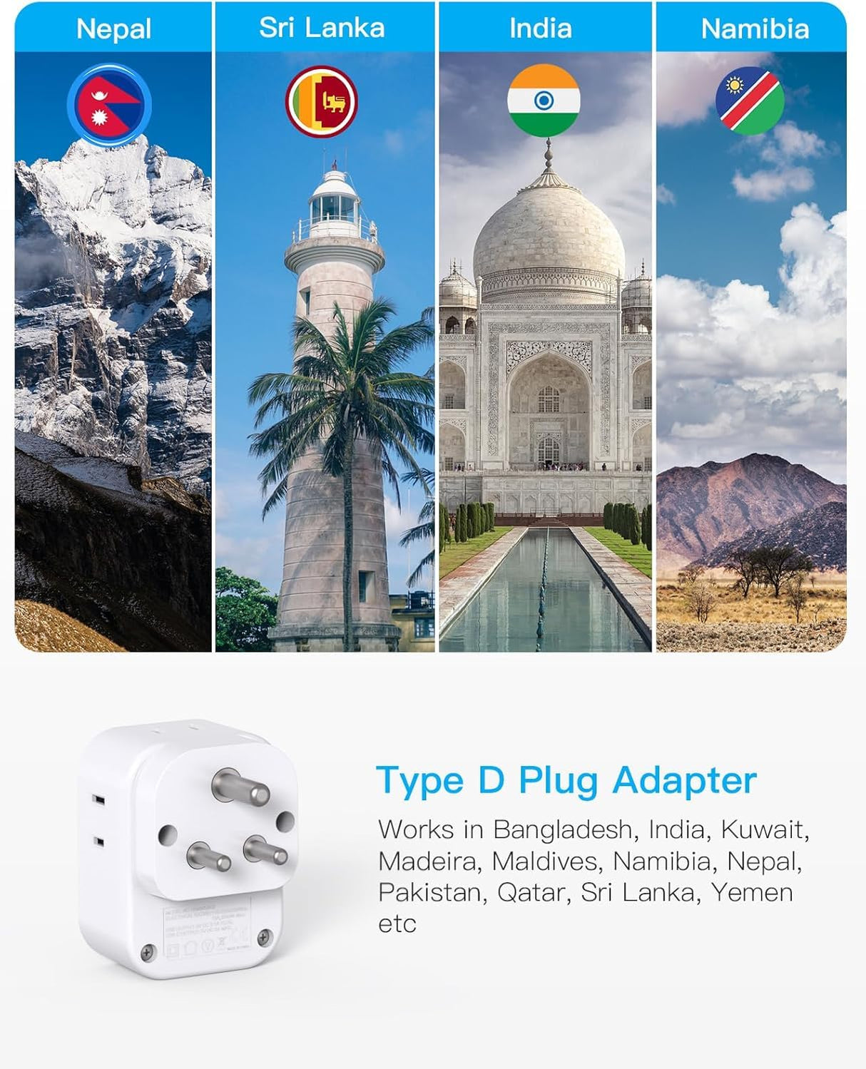 2 Pack US to India Plug Adapter, HANYCONY Type D Travel Plug Adapter with 4 Outlets 4 USB Charger (2 USB C Ports), India Power Adapter for USA to India, Bangladesh Maldives Pakistan Nepal Sudan