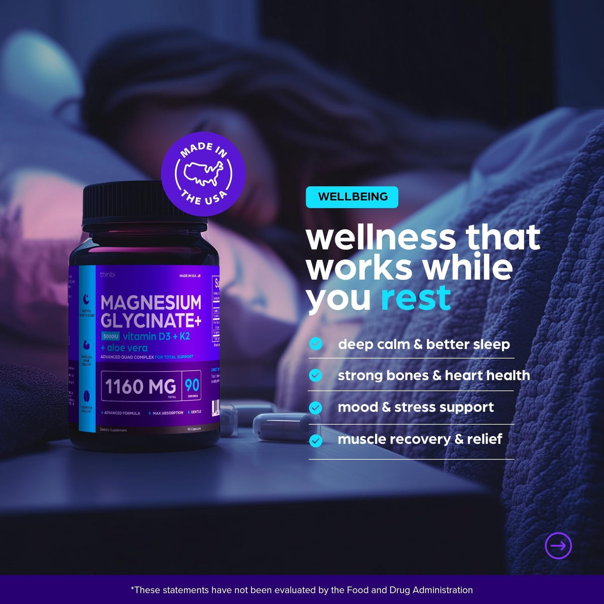 Magnesium Glycinate 1160mg + Aloe Vera, D3 & K2 Complex 90 Capsules – High Absorption, Non-Laxative – Supports Healthy Stress Response, Muscle Function & Healthy Metabolism – Chelated Formula