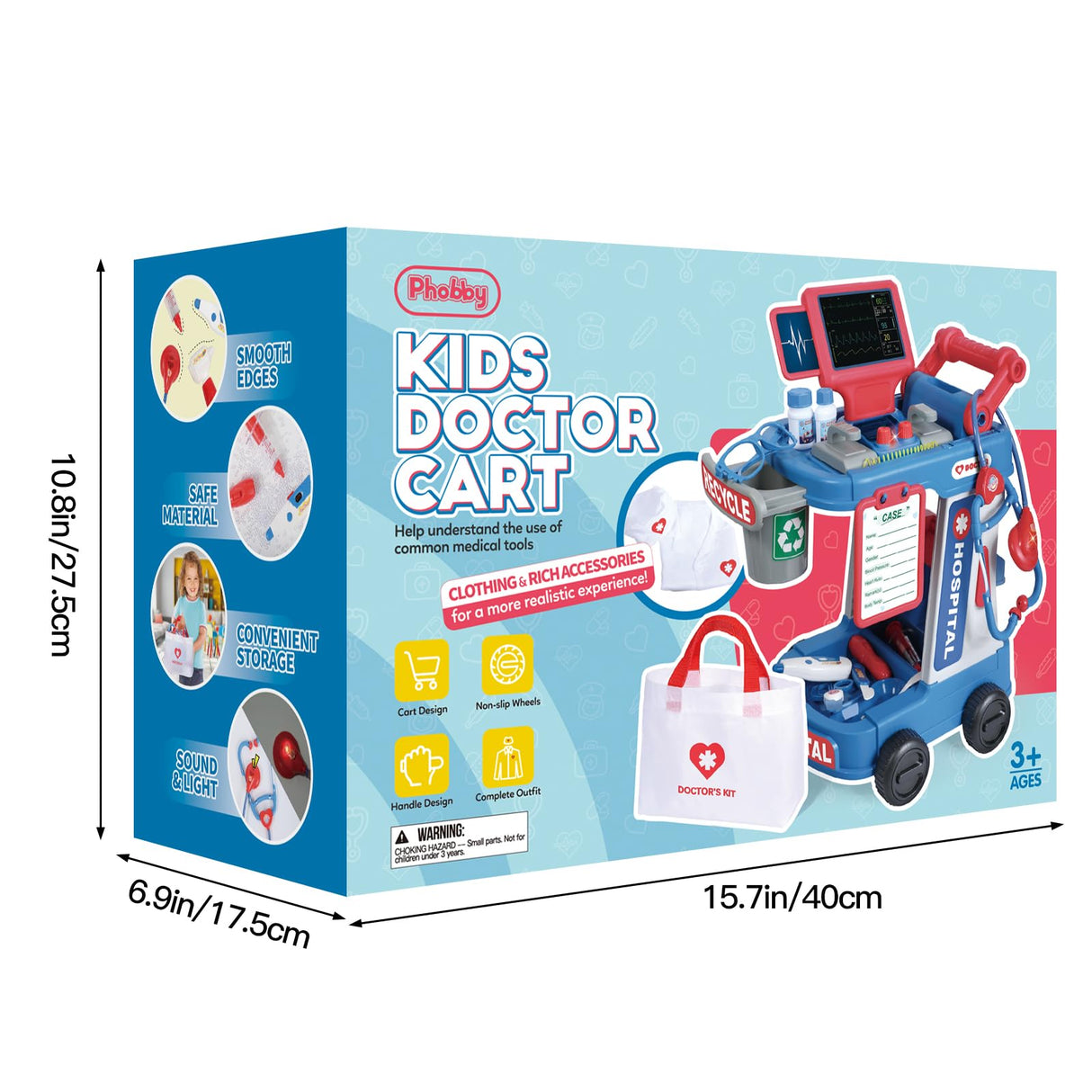 Phobby Doctor Kit for Toddlers 3 4 5, Kids Doctor Cart Play Set with Costume, Stethoscope and Medical Bag, Doctor Toy for Girls Boys Christmas Birthday Gift