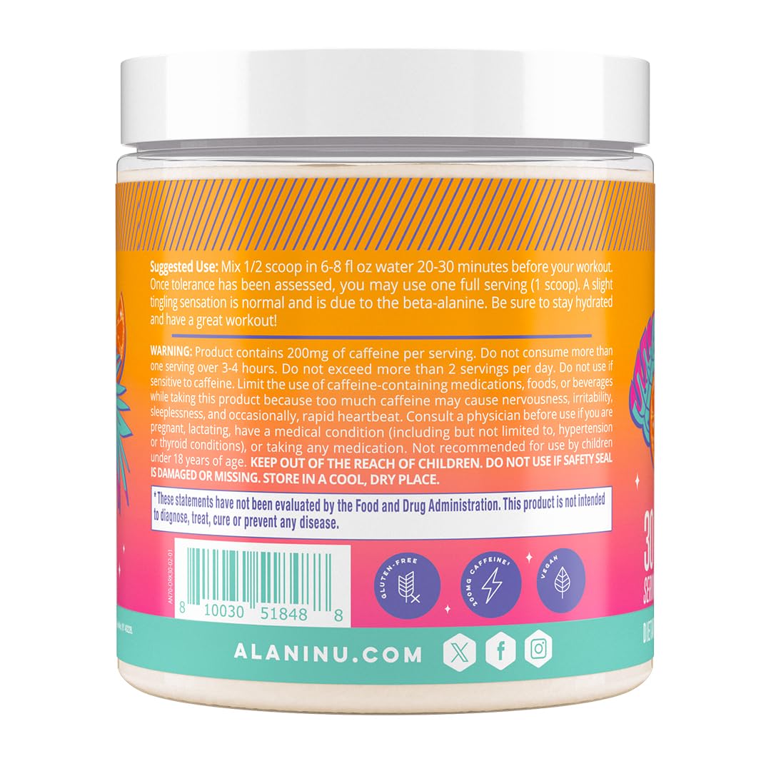 Alani Nu Pre Workout Powder Orange KISS, Amino Energy Boost, Endurance Supplement, Sugar Free, 200mg Caffeine, L-Theanine, Beta-Alanine, Citrulline, 30 Servings