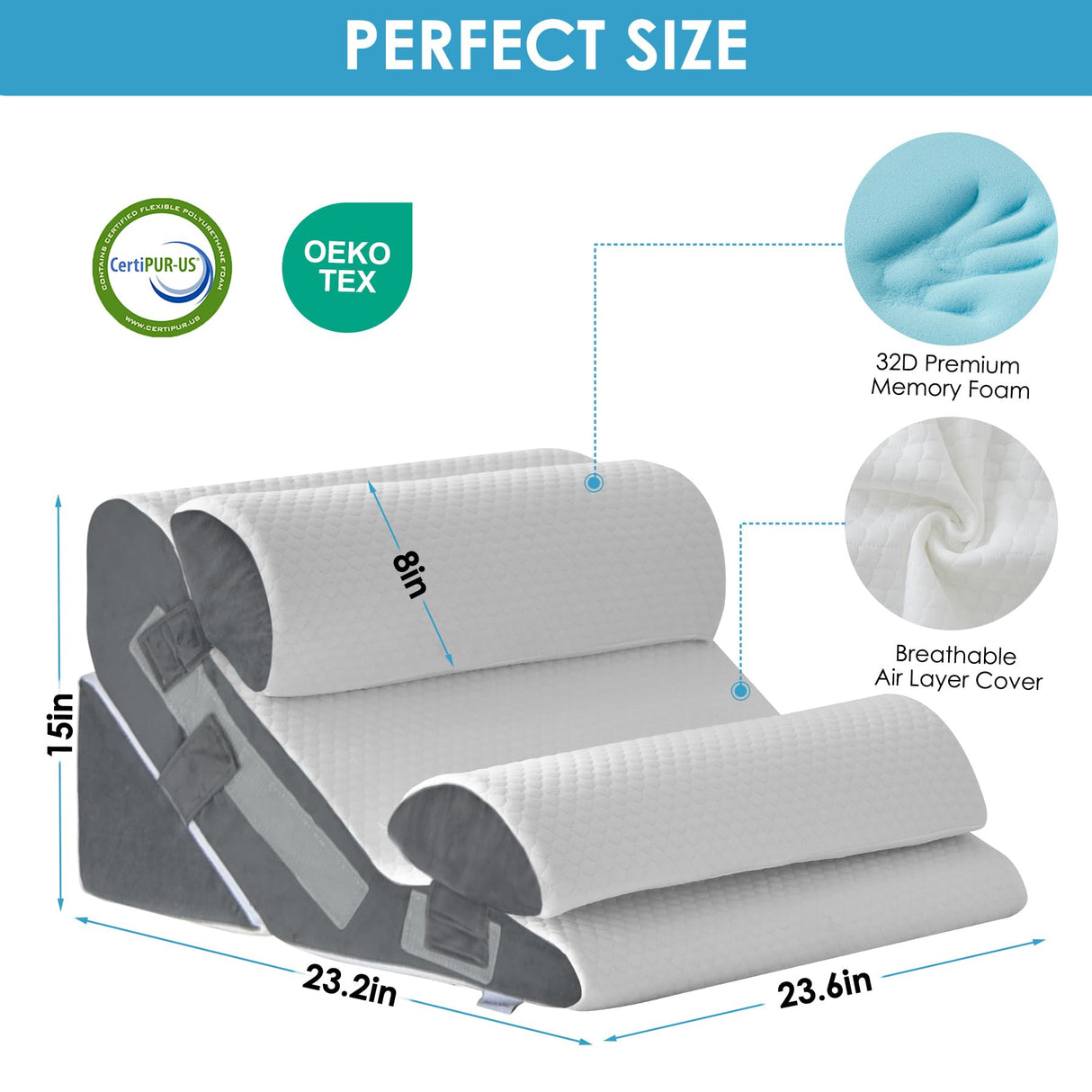 MEGCXIT 4PCS Bed Wedge Pillow for Headboard, 10-in-1 Adjustable Foam Wedge Pillow for Acid Reflux Relief, 23” Wide Triangle Pillow Wedge for Post Surgery, Back Pain Relief & Snoring, White/Grey