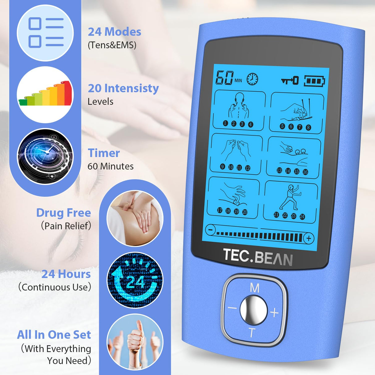 TEC.BEAN 24 Modes Tens Unit Muscle Stimulator, Rechargeable Tens Machine with 8 Electrode Pads (American Gel), Electric Pulse Massager for Pain Relief Therapy(Blue)