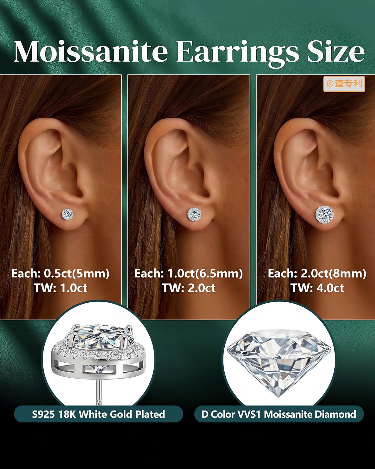 Moissanite Halo Earrings Stud, 925 Silver Stud Earring for Women Men