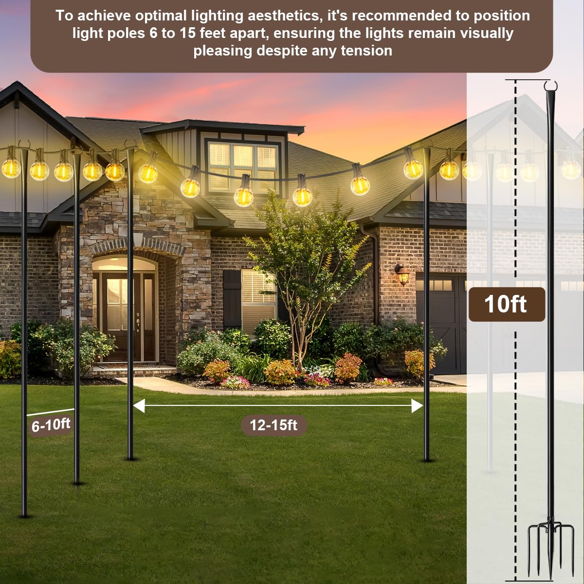 MuliVid 6 Pack 9FT String Light Poles for Outdoor,Metal Lights Hanging Pole Outside with Fork,Light Stand for Patio, Pergola, Garden, Backyard, Yard, Camping Party