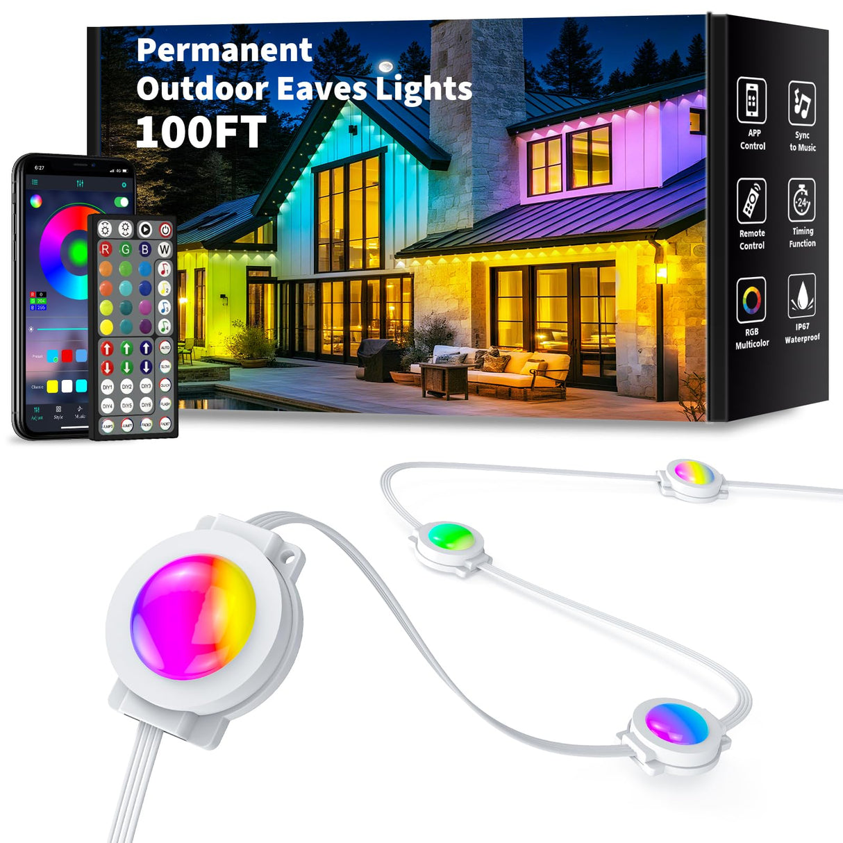 YIBULAYIN 100FT Permanent Outdoor Lights Waterproof, Smart RGB Eaves Lights with App/Remote Control, DIY Scene Modes, LED Outdoor Lighting for Christmas Holidays Daily Party House Roof Lighting