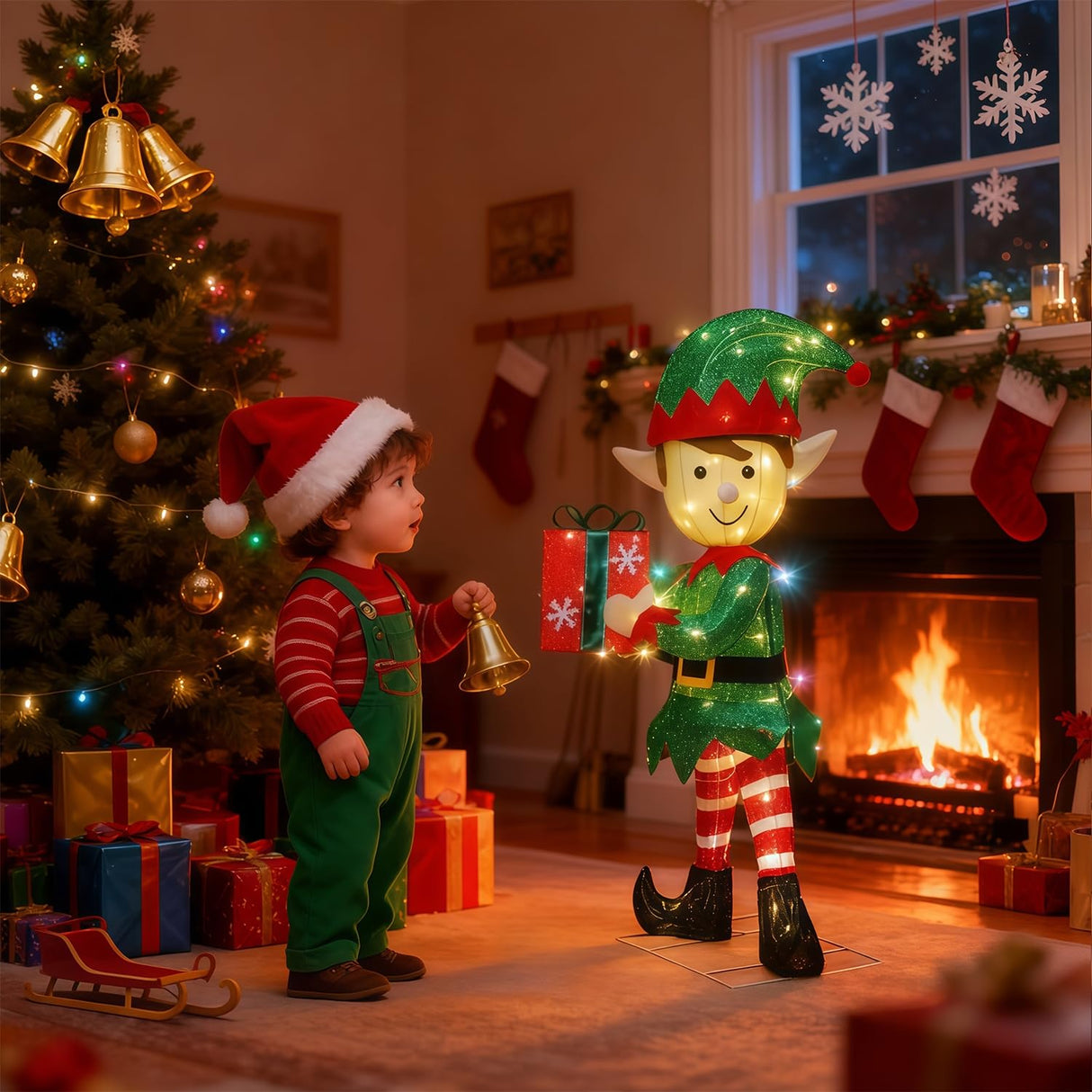 Hausse Lighted Christmas Outdoor Decor, 38" Height Pre-Lit 3D Tinsel Xmas Green Elf Figure, Light Up Xmas Yard Displays, Plug in for Holiday Party New Year Winter Patio Lawn Garden