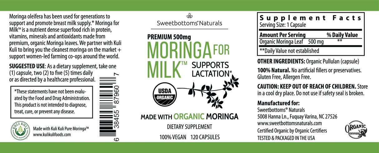Lactation Supplement - Organic Moringa Capsules for Breastfeeding Support to Increase Breastmilk Supply (120 ct) Pure Malunggay Leaf Powder for Milk Production Booster & Postnatal Vitamins A E K 500mg