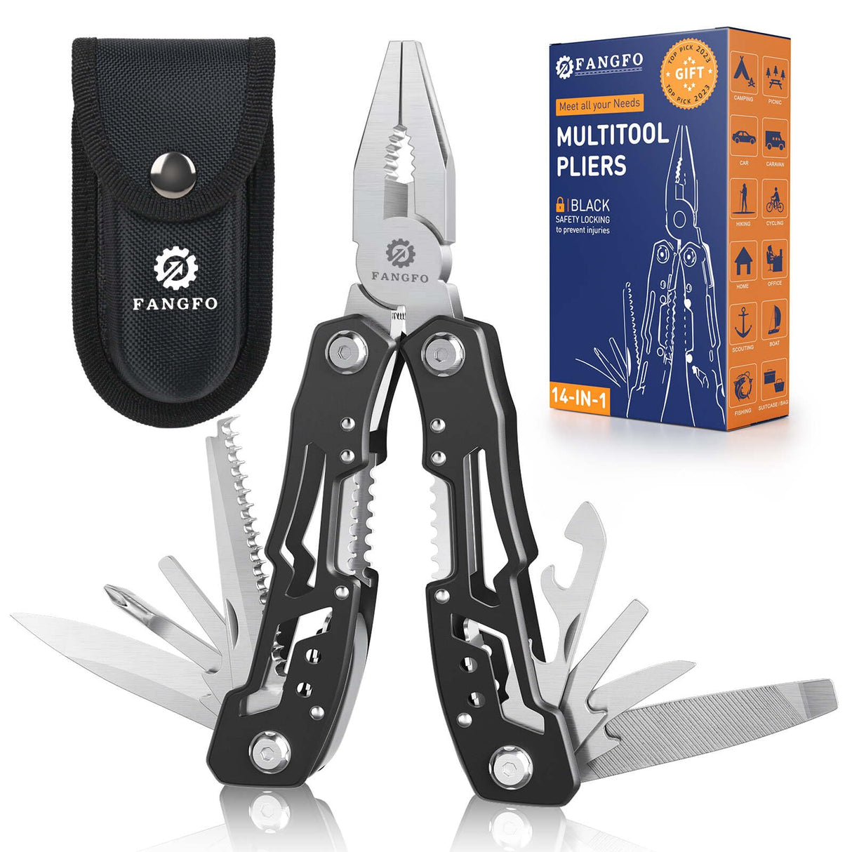 14-In-1 Multitool with Safety Locking, Professional Stainless Steel Multitool Pliers Pocket Knife, Bottle Opener, Screwdriver with Nylon Sheath ,Apply to Survival,Camping, Hunting and Hiking 2 Pcs