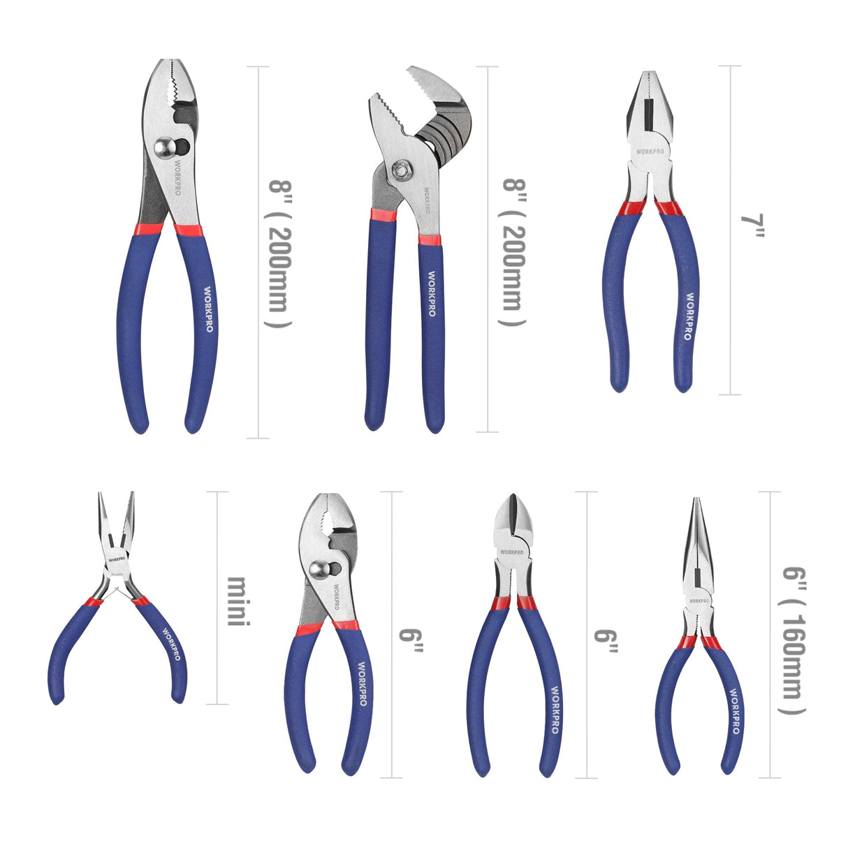 7-piece WORKPRO Pliers Set with Groove Joint, Long Nose, Slip Joint, Linesman, and Diagonal Pliers for DIY & Home Use