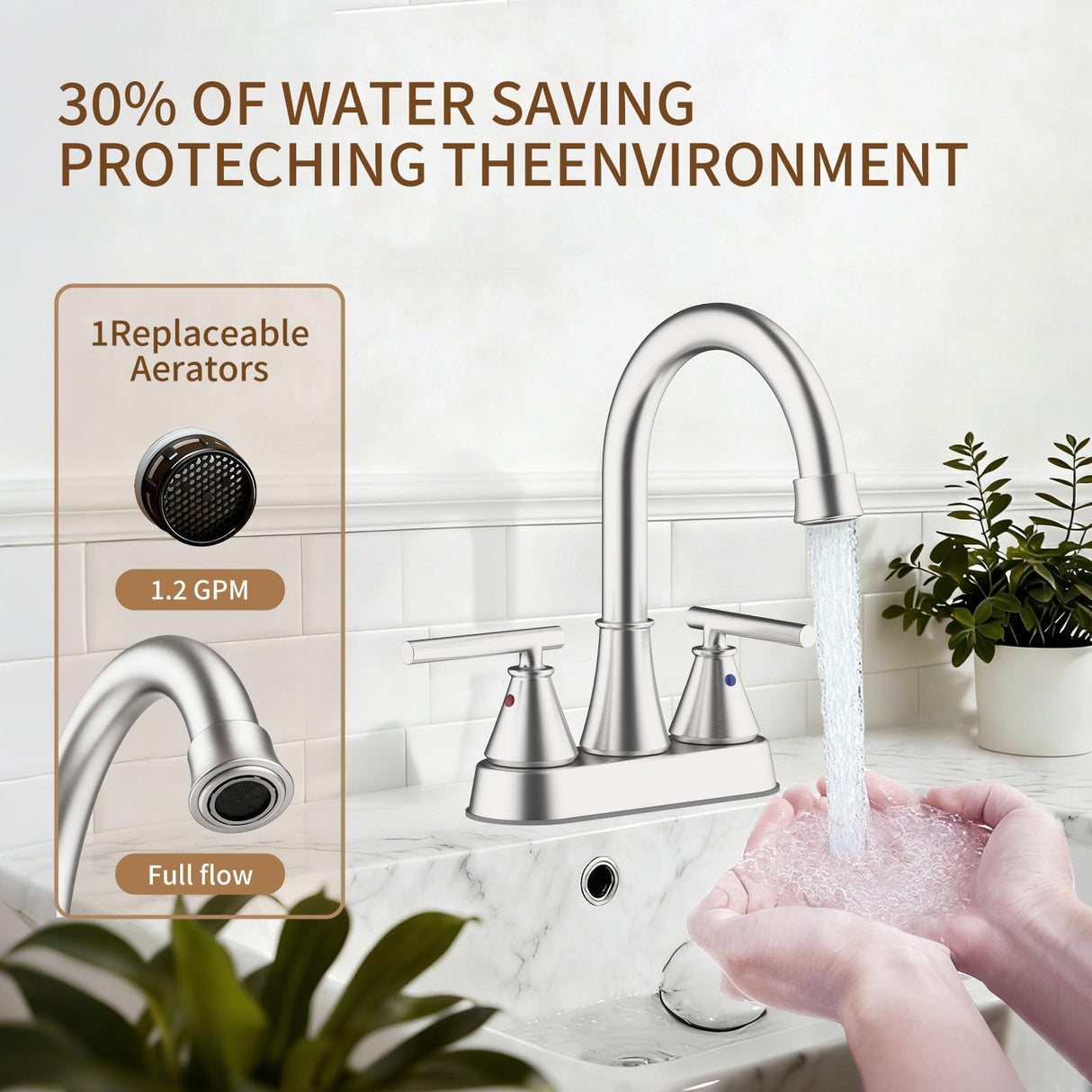 Bathroom Sink Faucet 4 Inch 2 Handle Centerset Brushed Nickel Lead-Free Modern Bathroom Faucet Vanity Faucet with Pop-up Drain Stopper and Supply Hoses