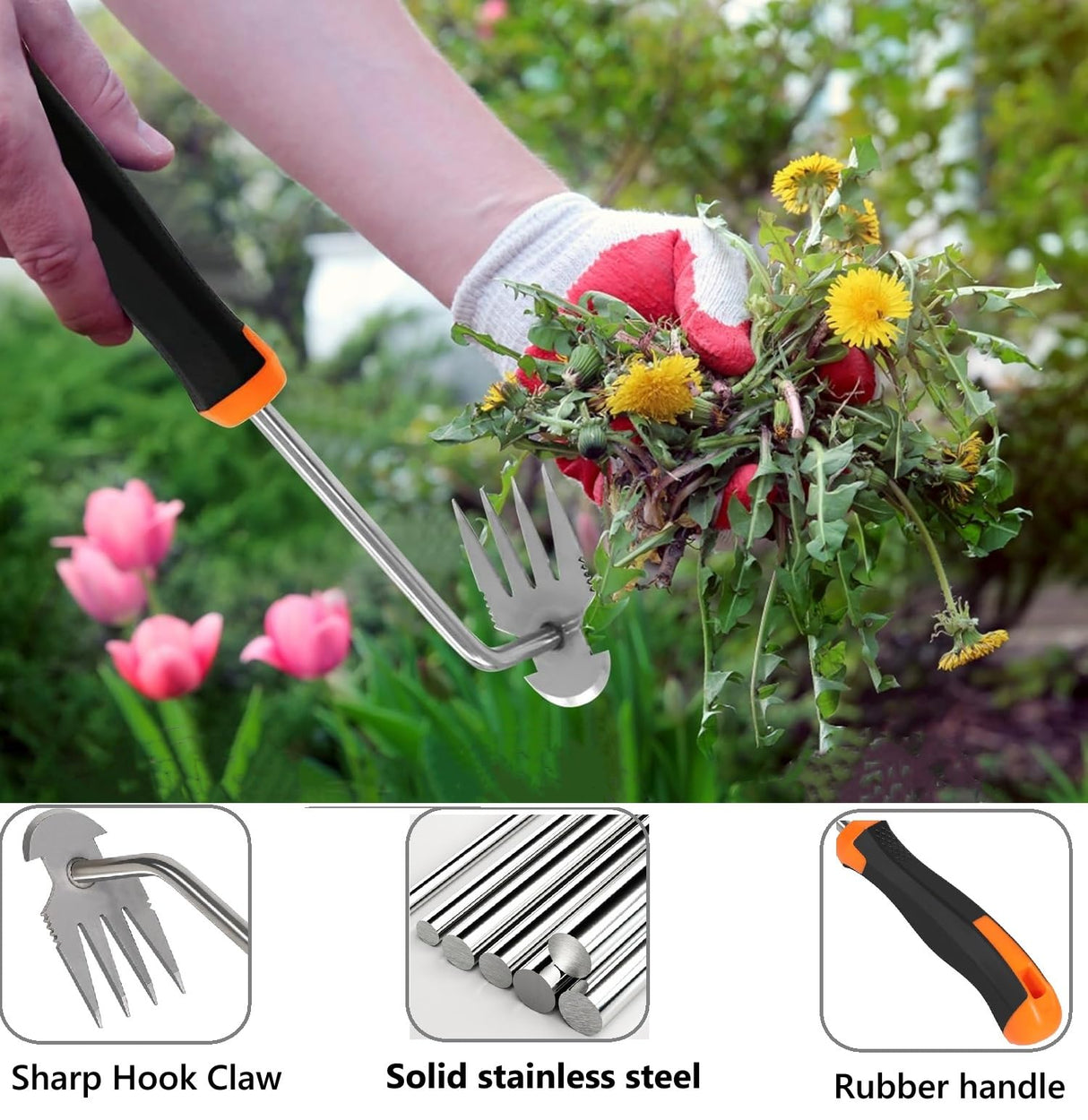 ANGKMA Weed Puller Tool, New Garden Weeder Tool Stainless Steel Hand Weeder Tool,4 Teethes Dual Purpose Weed Remover Tool Weeding Tools for Gardening(2PCS)