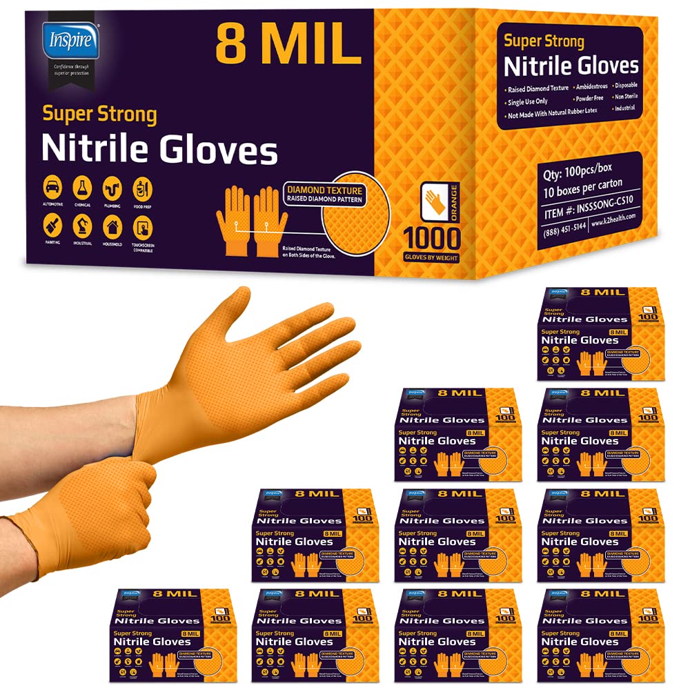 Inspire Heavy Duty Orange Nitrile Gloves | ULTRA 8 Mil Diamond Textured Grip | Industrial Mechanic Disposable Cleaning Gloves Small, 1000 Count