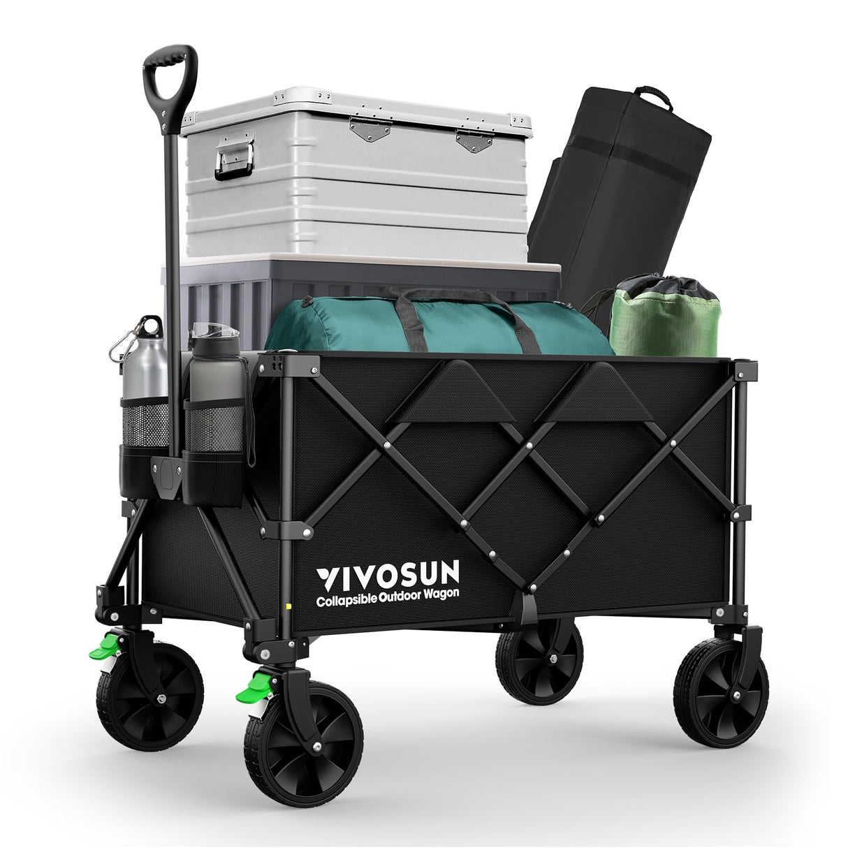 VIVOSUN Collapsible Folding Wagon, 350 lb Load-Bearing Outdoor Utility Cart with Silent Universal Wheels, Cup Holders &Side Pockets, Adjustable Handle, for Camping, Garden, Sports, Picnic, Shopping